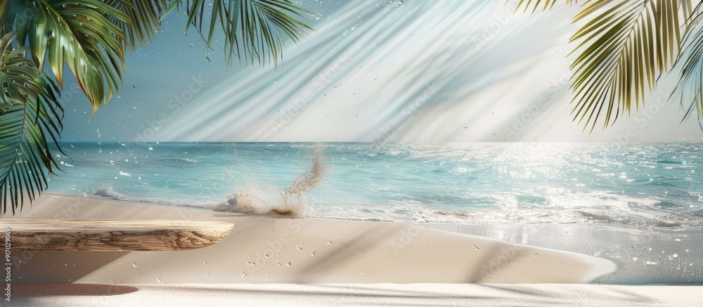 Poster Sandy beach setting with palm leaves and sparkling ocean sunlight in abstract seascape featuring a tranquil table with ample copy space image included