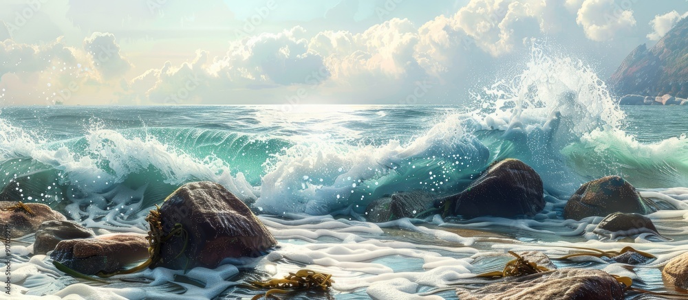 Poster Image of waves crashing against rocks and seaweed in the sea with a copy space image