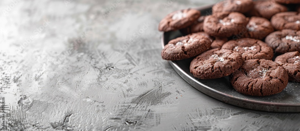 Poster A tray of cocoa cookies displayed in a confectionery with copy space image