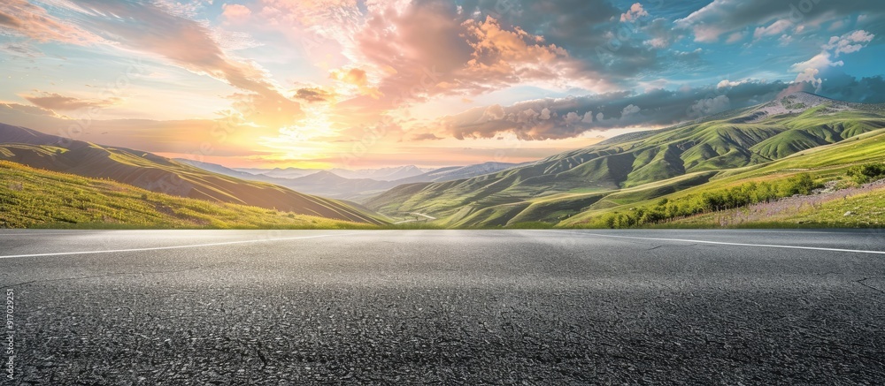 Poster natural landscape with green mountains an asphalt road square and a sky filled with clouds at sunris