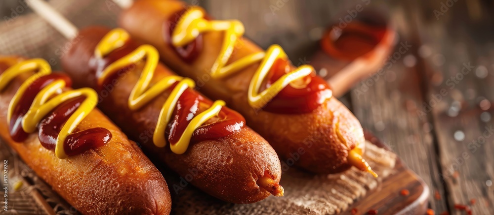 Poster delicious homemade corn dogs served with ketchup and mustard perfect for a summer picnic or snack wi