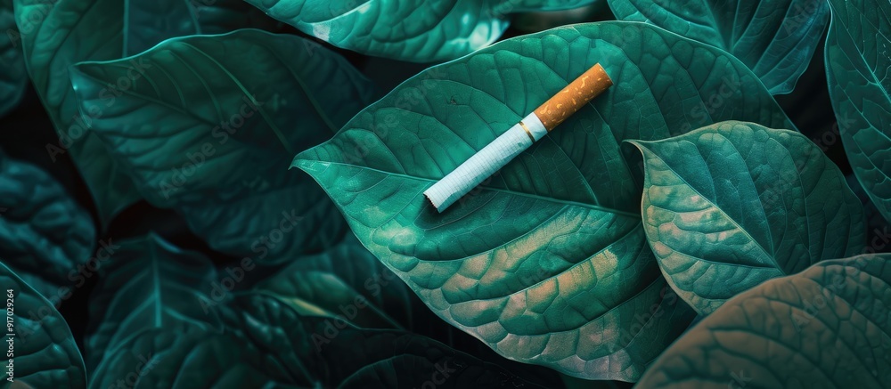 Aufkleber Cigarette placed on a lush green leaf with space for text or an image to be added. . image with copy space