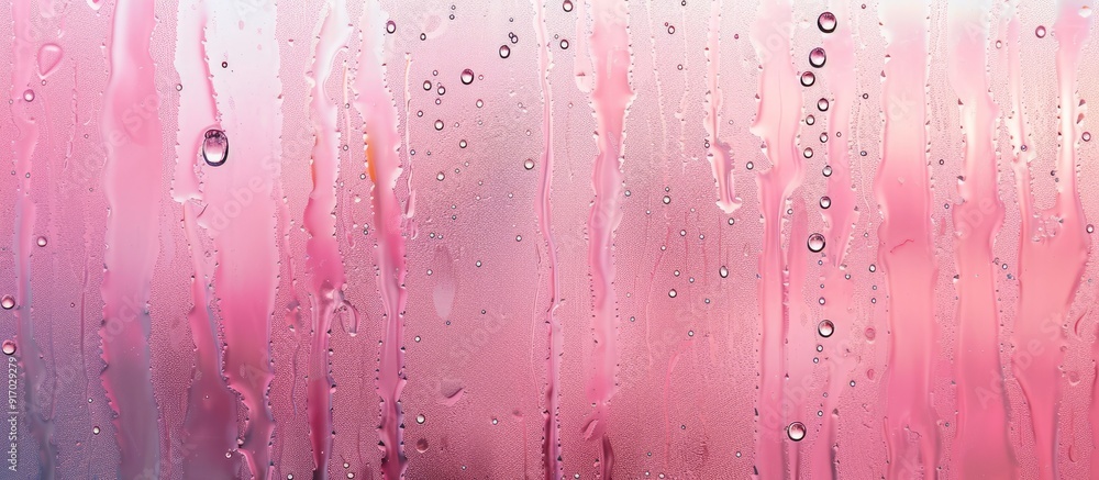 Poster Vertical lines segment the misted glass texture with water droplets creating sections against a pink strip in the background perfect for a copy space image