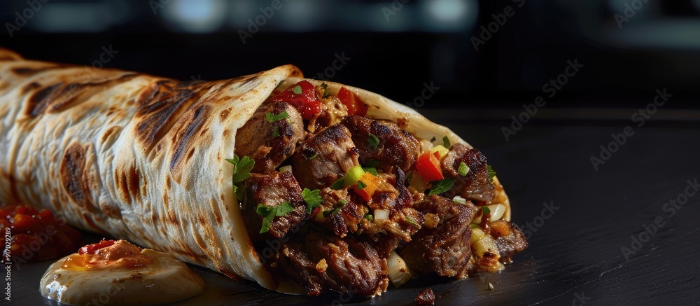 Poster succulent turkish kebab tantuni displayed in a mersin tantuni wrap with varieties of meat like beef 