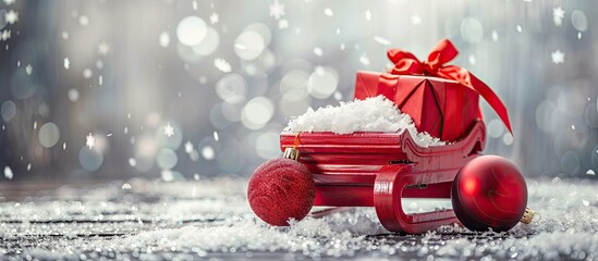 A festive retro composition featuring a red wooden toy sleigh gift box ball and snow on a Christmas silver glitter background with copy space image