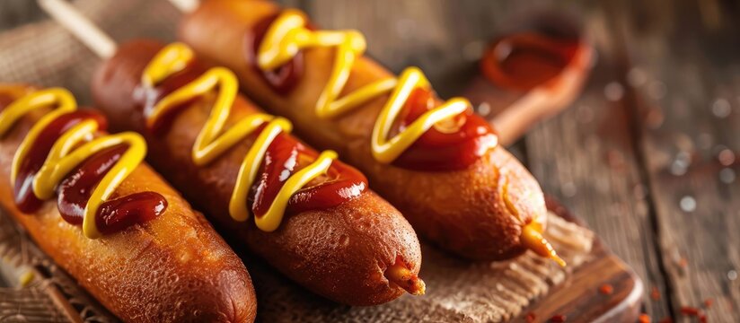 Delicious homemade corn dogs served with ketchup and mustard perfect for a summer picnic or snack with a blank area for adding text or images copy space image