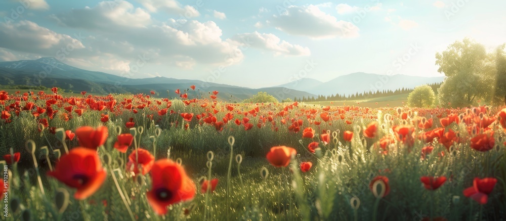 Poster a scenic field with vibrant red poppy flowers ideal for a copy space image