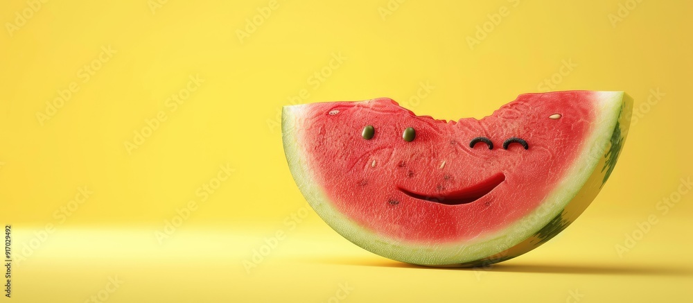 Poster A watermelon half with a humorous seed face displayed against a yellow backdrop creating a playful copy space image