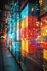 Obraz premium Blockchain Integration, A striking holographic representation of a cargo ship is depicted in an interactive space, emanating floating data tags that explain blockchain applications