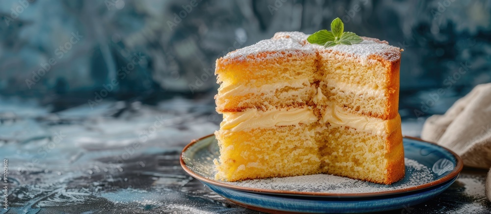 Poster delicious homemade sponge cake made with cream flour sugar eggs and yeast showcased in a photo with 