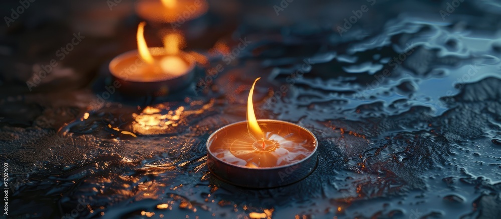 Aufkleber a few small candles burning on a dark surface with a clear paraffin coating creating a copy space im