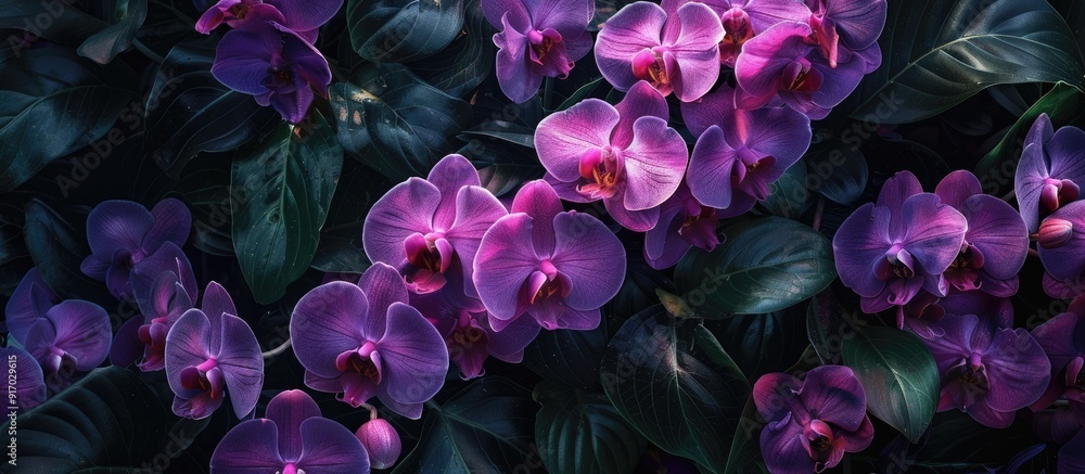 Poster in the garden there are blooming purple dendrobium orchids with a visually appealing copy space imag