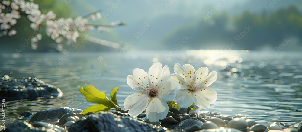 Poster A pair of delicate blossoms nestled beside a tranquil riverbank against a backdrop of a scenic landscape with open space for text or graphics creating a copy space image