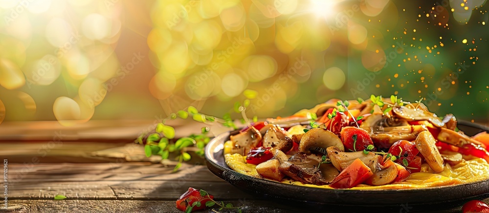 Poster mushroom omelet with a beautiful background of copy space image