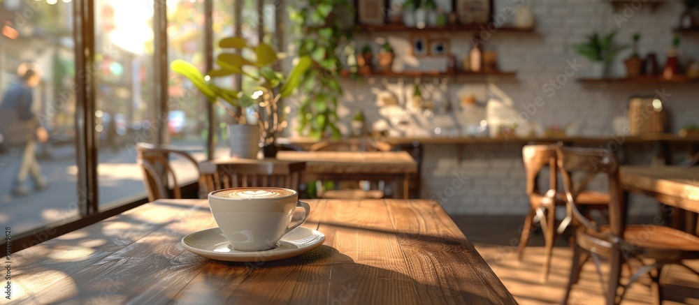 Aufkleber A coffee shop with latte art set on a wooden table blending colors creating a cozy atmosphere with copy space image