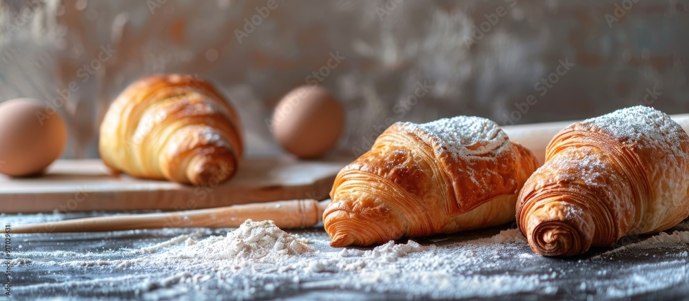 Poster The handmade croissant preparation process featuring raw croissants and a rolling pin on a table with flour ideal for a copy space image