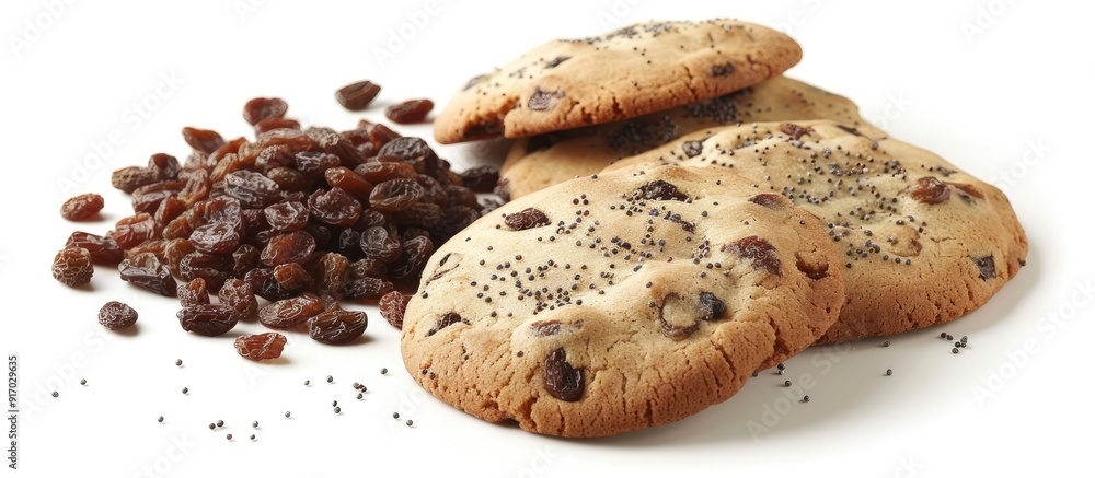 Poster delicious cookies with raisins and poppy seeds on a white background perfect for any design needing 