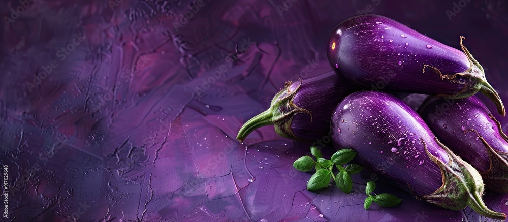 Poster eggplants with a fresh and vibrant appearance in an image with copy space