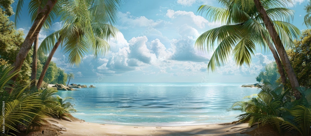 Poster vacation at a tropical beach resort with palm trees a serene sea view and ample copy space for image