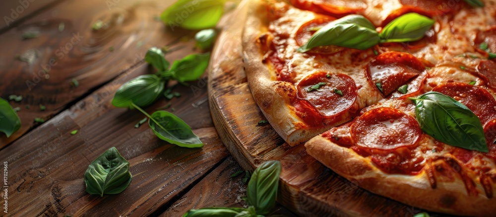 Poster delicious pepperoni pizza with fresh basil on a table with copy space image