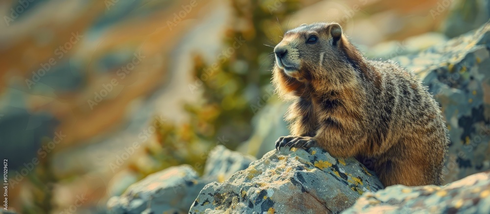 Poster a marmot marmota keeps watch over its surroundings from a rocky perch looking out into the distance 