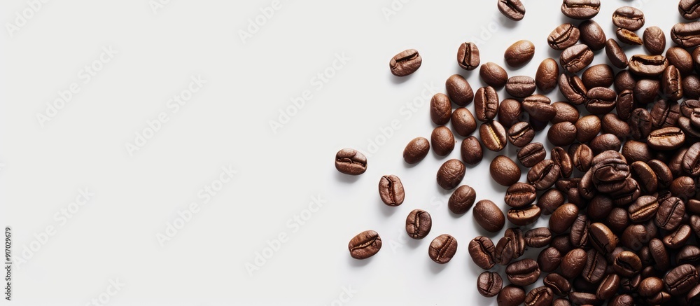 Poster Coffee beans in brown color on a white backdrop with copy space image