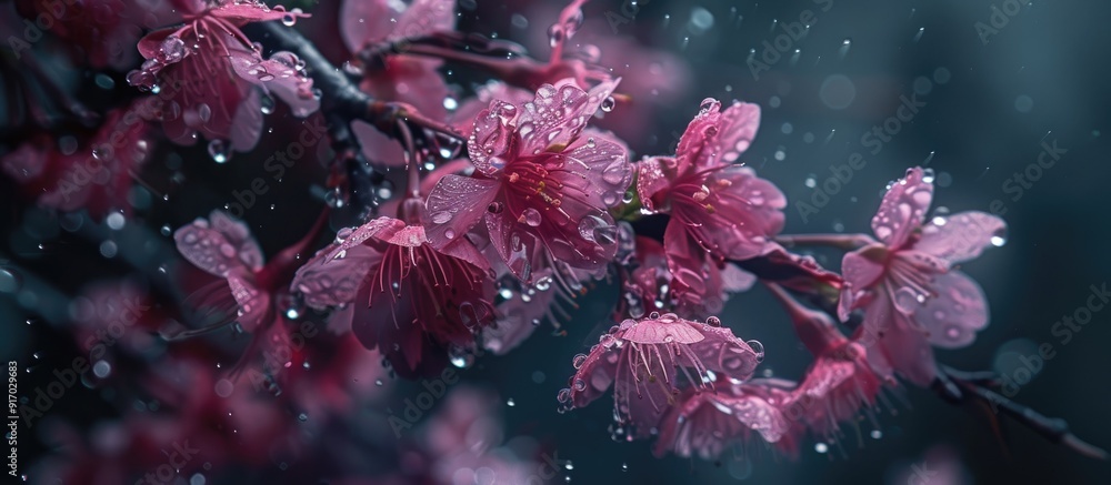 Poster A dark background sets the gloomy tone for an image of wet pink cherry blossoms with raindrops on their petals creating a serene and peaceful atmosphere with copy space image