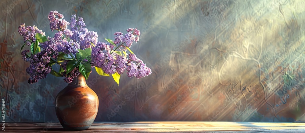 Fototapete close up of a lilac branch in a vase on a table with copy space image
