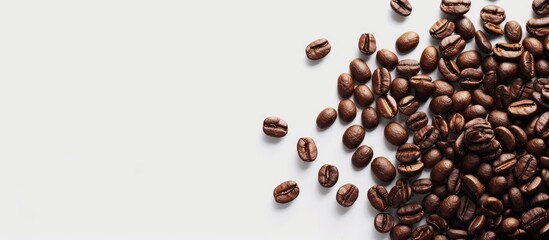 Coffee beans in brown color on a white backdrop with copy space image