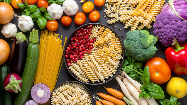 Varieties of pasta and fresh organic vegetables.