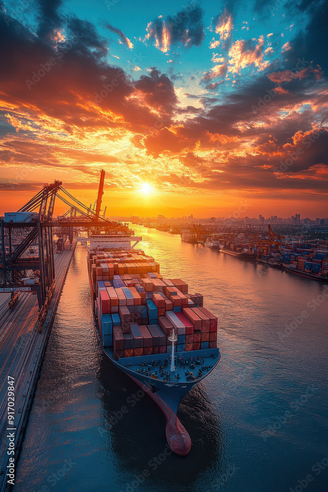 Poster logistic port, a serene container ship at a busy port, with dockworkers carefully loading boxes and 