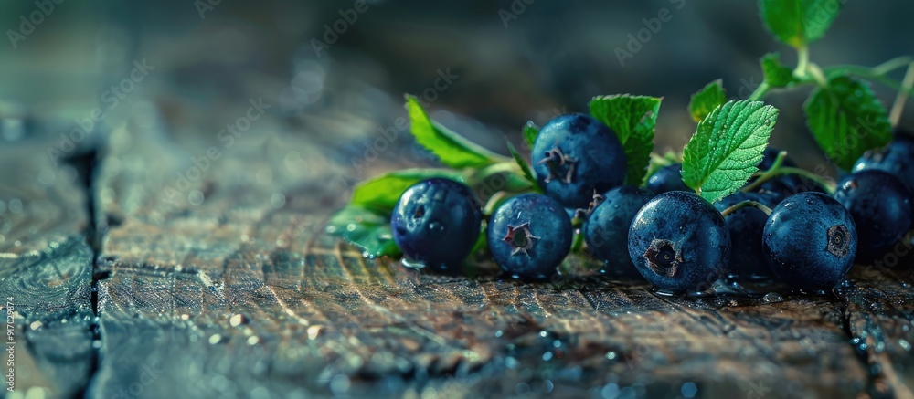Poster Close up macro shot of bilberries Vaccinium corymbosum on a rustic wooden table with a blurred background providing ample copy space image