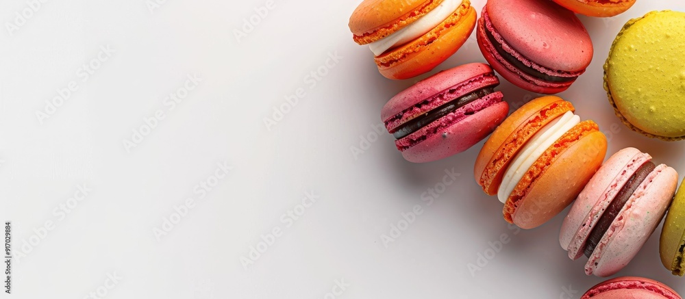 Poster Close up of vibrant macarons against a white backdrop with ample copy space image