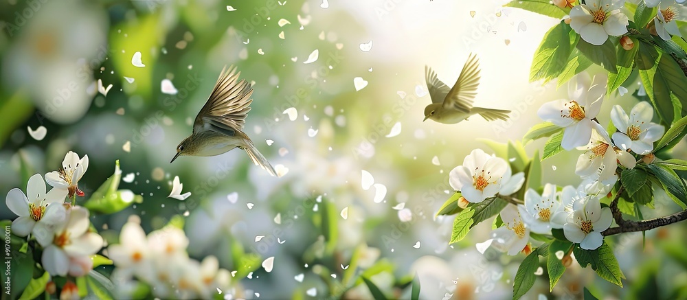 Poster in spring a bird flies over white flowers with green leaves in a nature scene with copy space image 