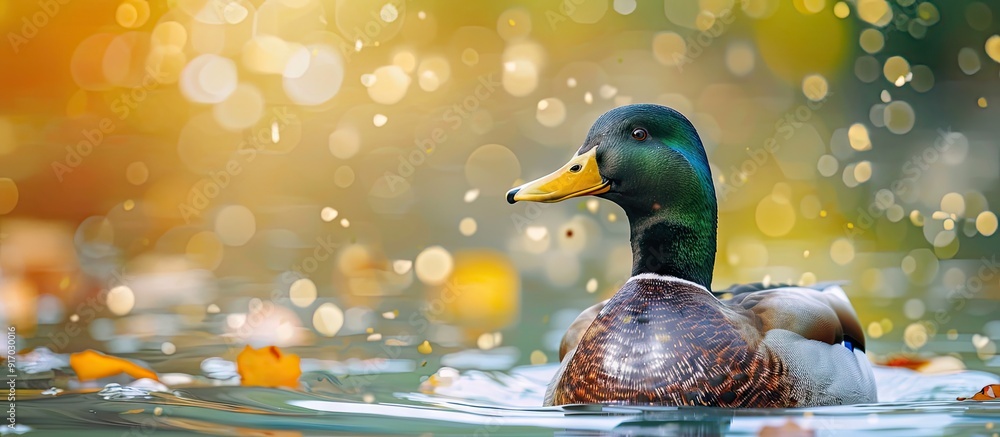 Poster A duck is swimming gracefully in the pond creating a serene scenery with a peaceful backdrop of nature in this copy space image