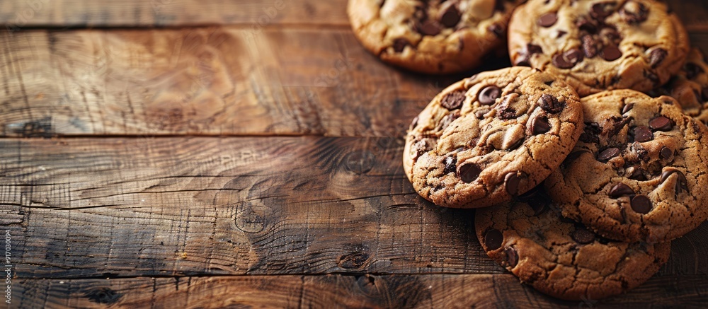 Leinwandbilder warm homemade chocolate chip cookies on wooden surface with a rustic feel set against a background w