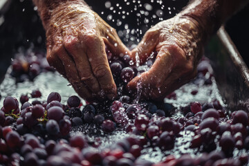 Aging hands skillfully crush juicy grapes under a spray of water, capturing the essence of tradition and dedication in the winemaking process.