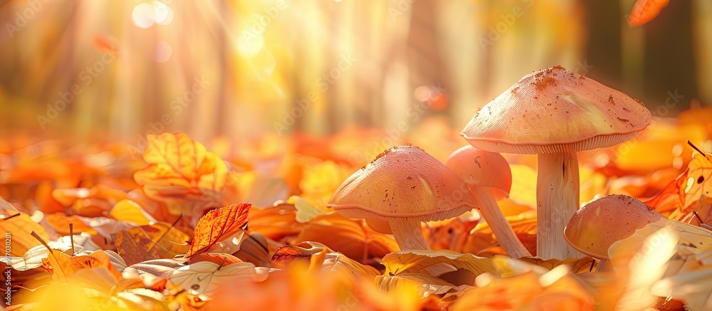 Poster closeup image of small fresh mushrooms growing amongst autumn leaves in a forest setting illustratin