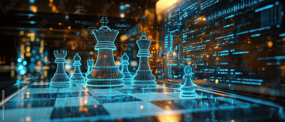 Poster chess business strategy, floating holograms of chess pieces, prominently featuring a rooks and pawns