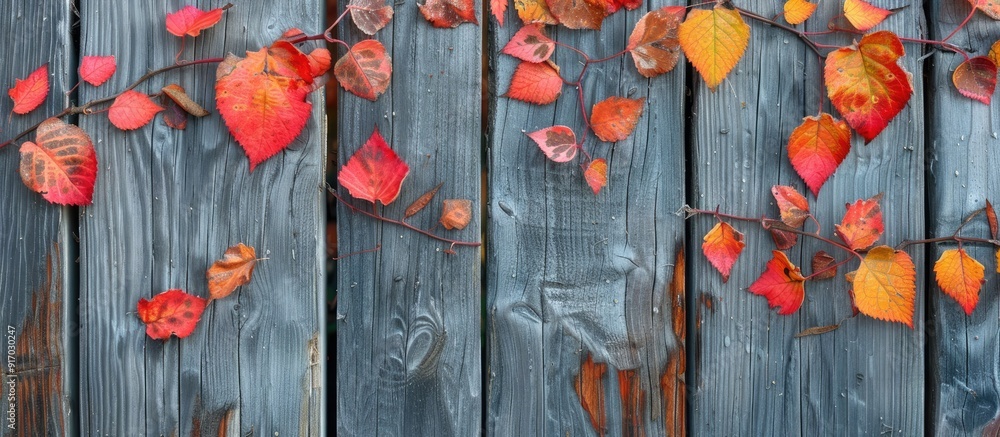Poster Fall themed background featuring red and yellow autumn leaves on weathered wood ideal for your seasonal message with space for an image. . image with copy space