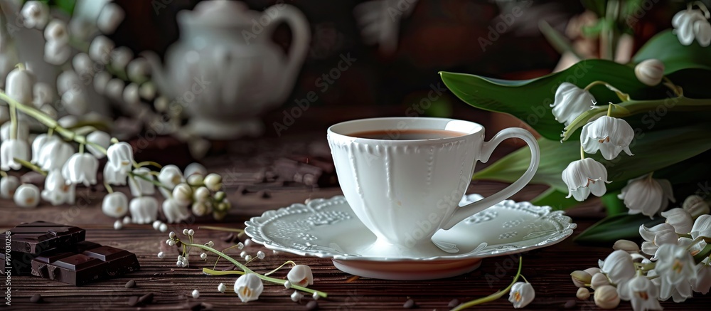 Poster A white teacup sits on a saucer in the middle with lilies of the valley and chocolate in the background as a copy space image