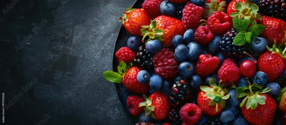 Poster An array of vibrant berries arranged on a platter for a party with copy space image