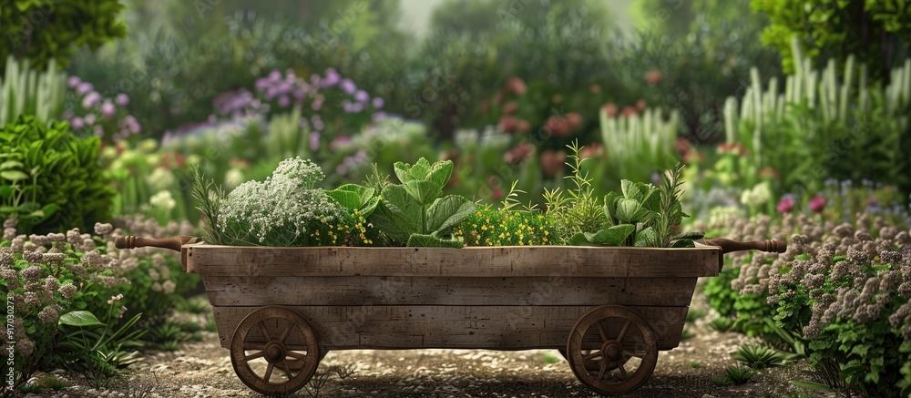 Poster Fresh herbs displayed on a wooden cart in a garden setting with copy space image available