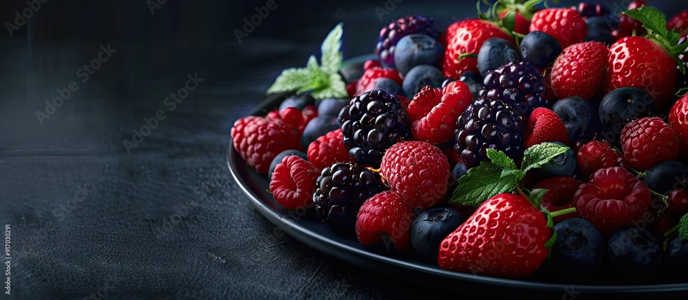 Aufkleber An array of vibrant berries arranged on a platter for a party with copy space image