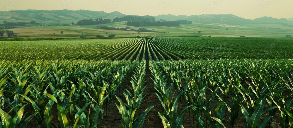 Poster an expansive agricultural landscape featuring rows of corn plants on a large scale with a vast area 