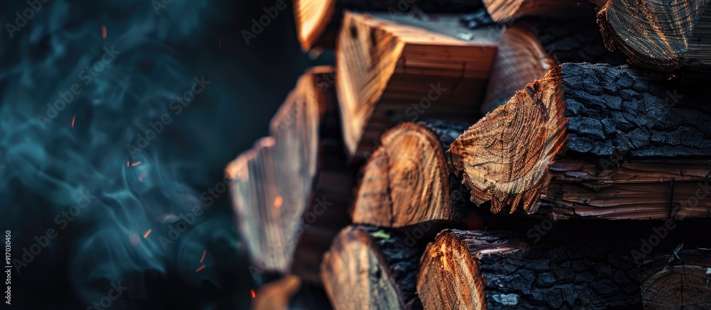 Poster stack of cut firewood for heating and storage purposes showing the concept of heating with copy spac