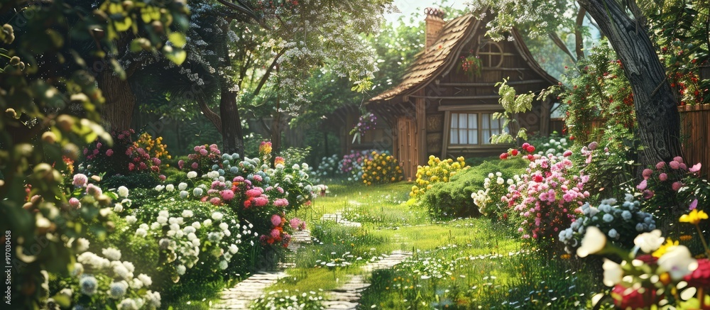 Poster the village garden bloomed with flowers in the summertime creating a picturesque scene with abundant