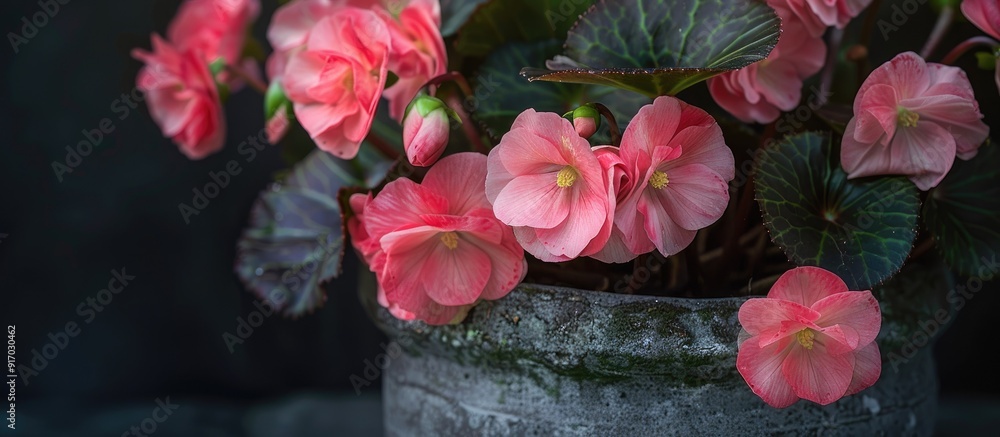 Aufkleber Detailed close up photograph of pink begonia flowers in a pot showcasing textures patterns and intricate details in natural light with a copy space image