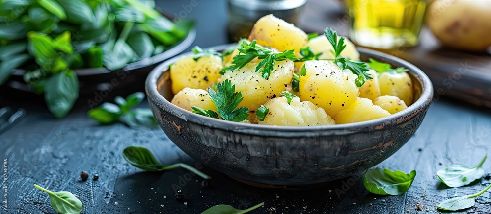 Poster close up image of a bowl on a table with boiled potatoes and greens with copy space image