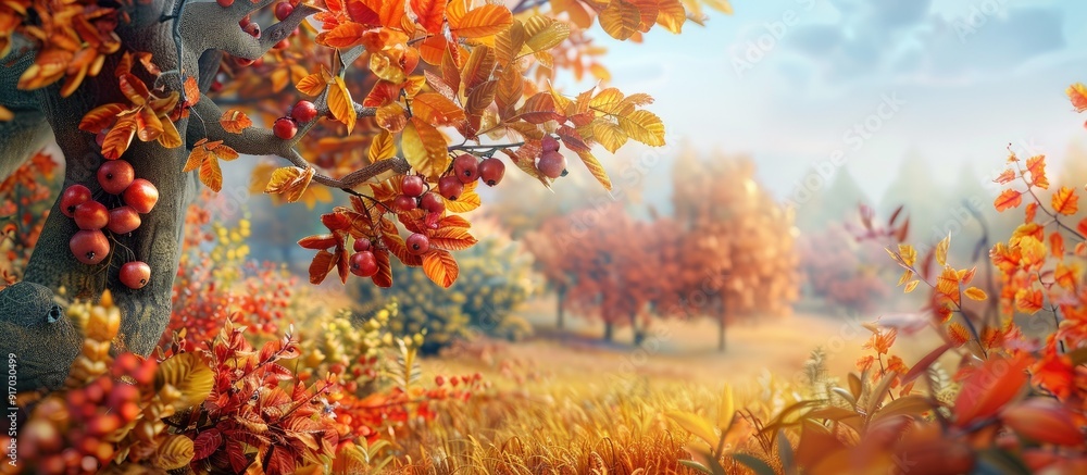 Poster Autumn trees bear fruits like oak chestnut and fir displaying colorful leaves in a picturesque setting with room for a copy space image